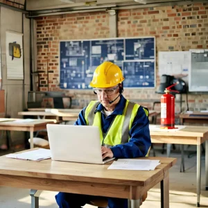 A worker in a yellow helmet and safety vest uses a laptop at a desk in an industrial office setting with blueprints on the wall.